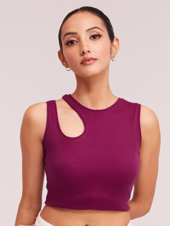 Magenta Cut-Out Shoulder Ribbed Tank Top