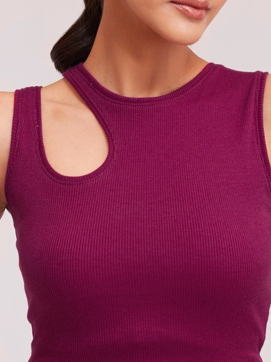 Magenta Cut-Out Shoulder Ribbed Tank Top