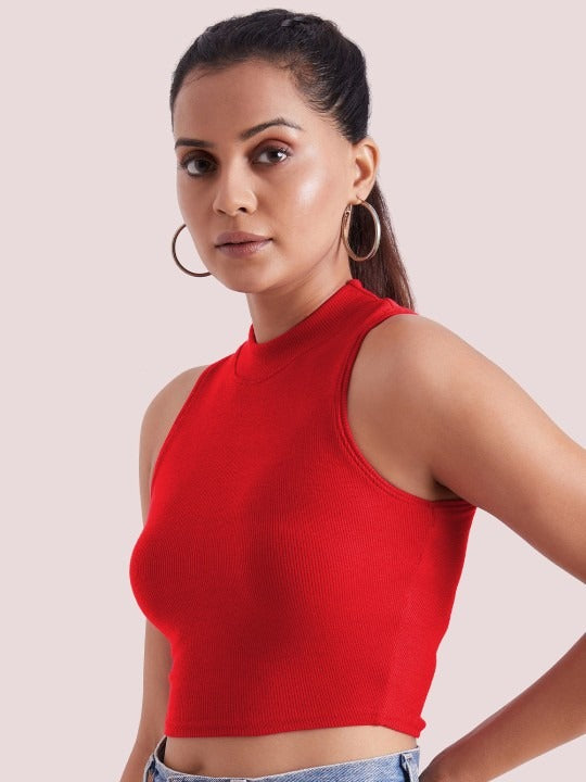 Red Mock Neck Ribbed Tank Top