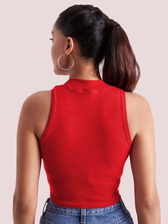Red Mock Neck Ribbed Tank Top