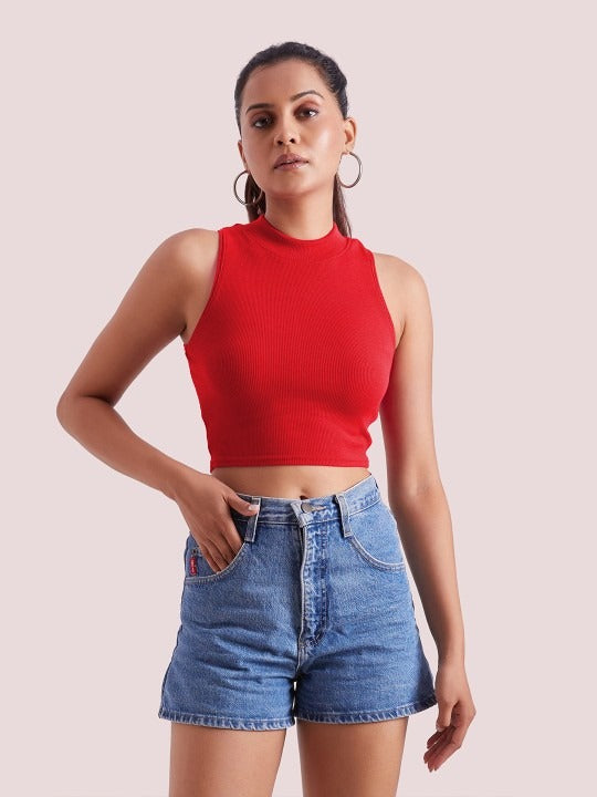 Red Mock Neck Ribbed Tank Top