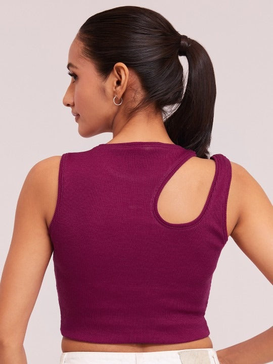 Magenta Cut-Out Shoulder Ribbed Tank Top