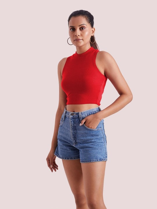 Red Mock Neck Ribbed Tank Top