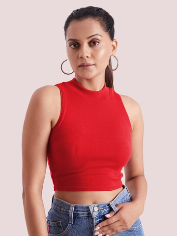 Red Mock Neck Ribbed Tank Top