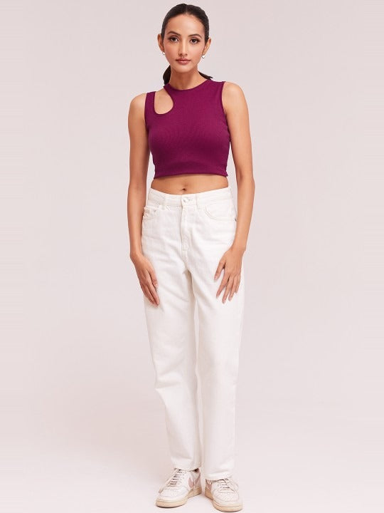 Magenta Cut-Out Shoulder Ribbed Tank Top