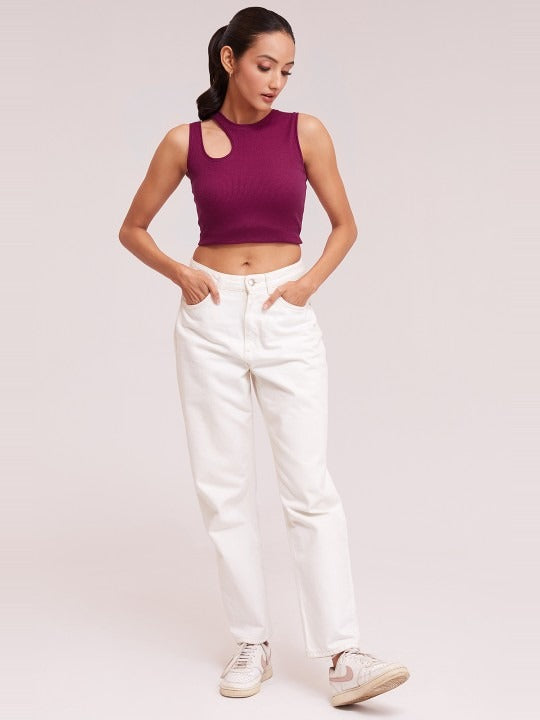 Magenta Cut-Out Shoulder Ribbed Tank Top