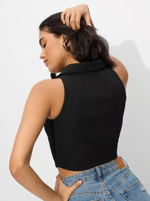 Black V-Collar Ribbed Crop Top