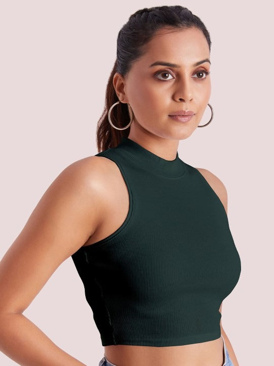 Dark Green Mock Neck Ribbed Tank Top