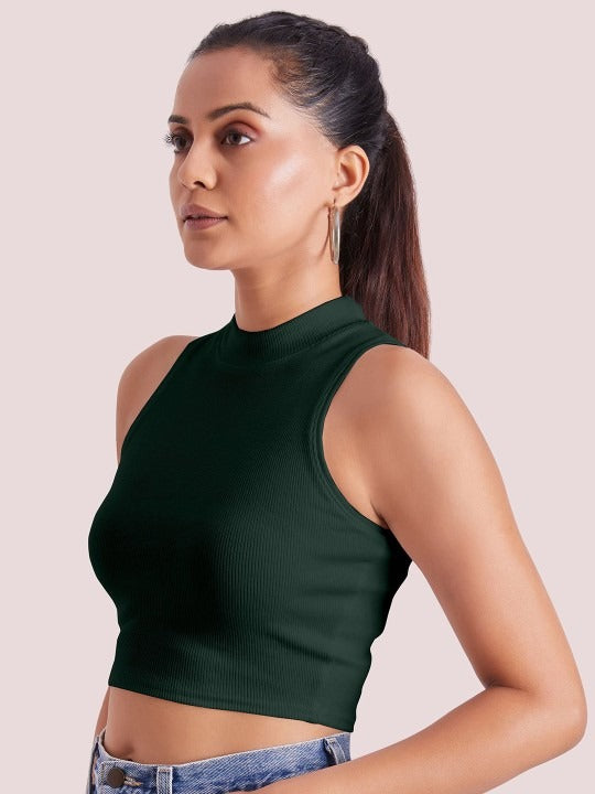 Dark Green Mock Neck Ribbed Tank Top