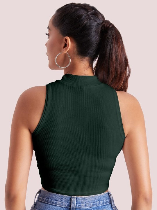 Dark Green Mock Neck Ribbed Tank Top