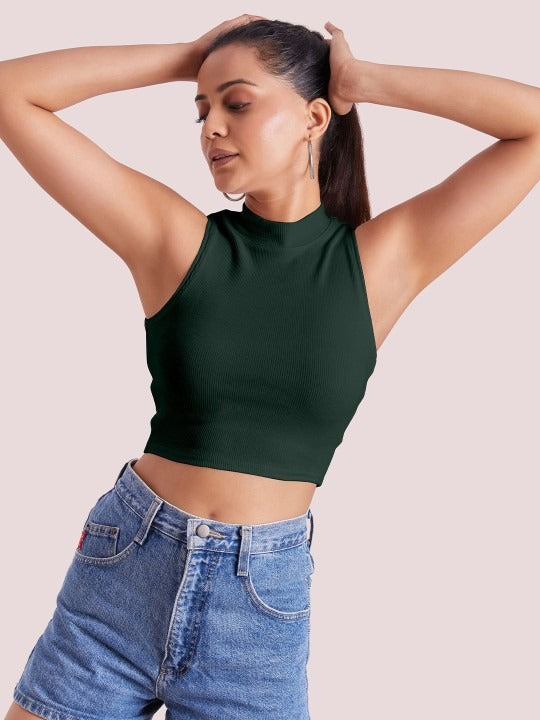 Dark Green Mock Neck Ribbed Tank Top