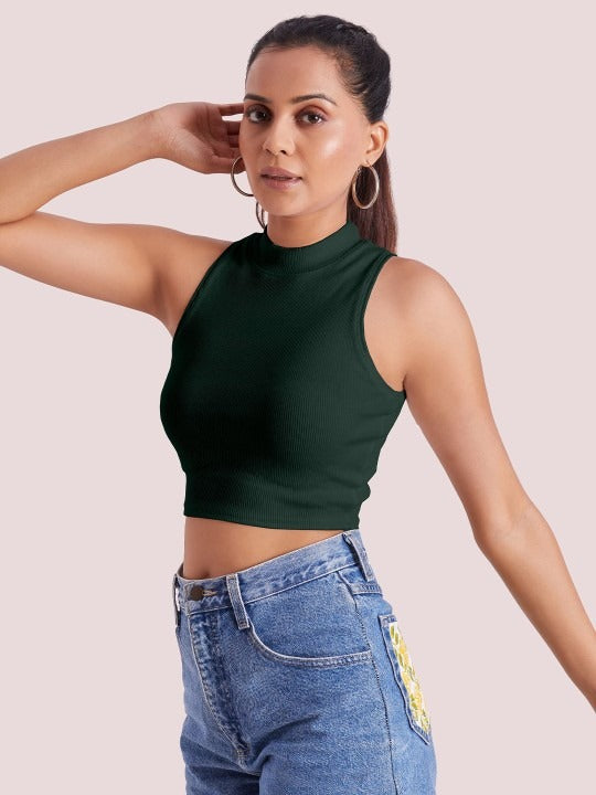 Dark Green Mock Neck Ribbed Tank Top