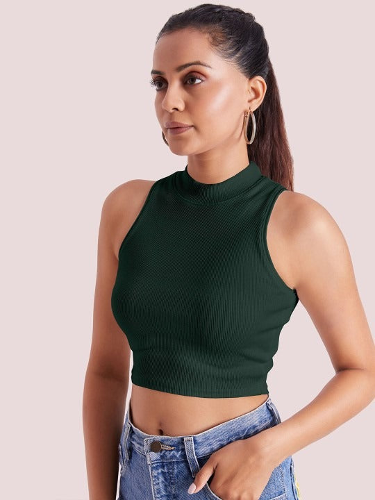 Dark Green Mock Neck Ribbed Tank Top