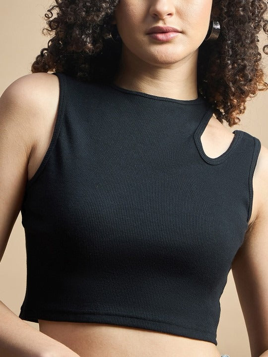 Black Cut-Out Shoulder Ribbed Tank Top