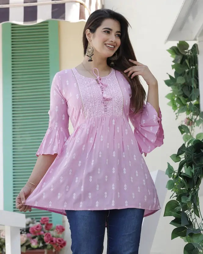 Pink Printed Cotton Straight Top
