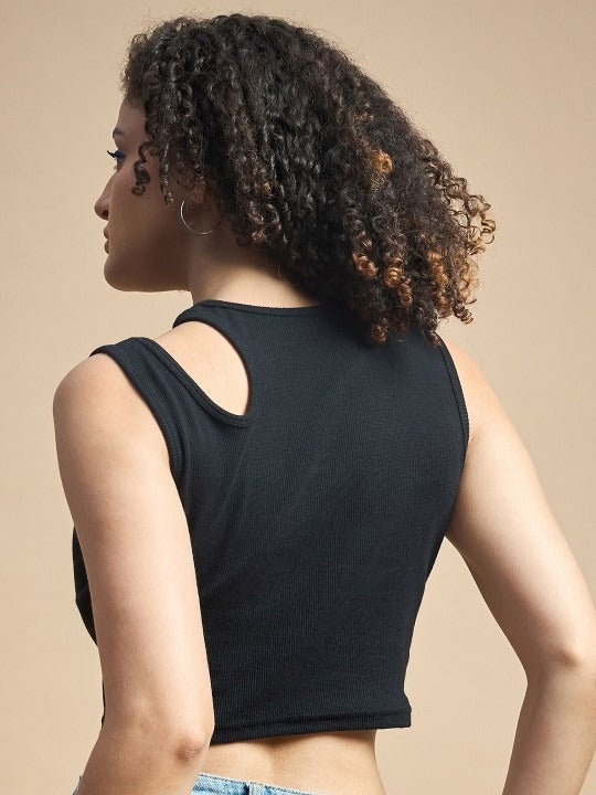 Black Cut-Out Shoulder Ribbed Tank Top