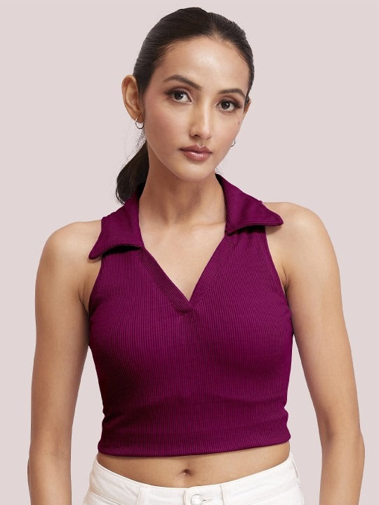 Magenta V-Collar Ribbed Crop Top