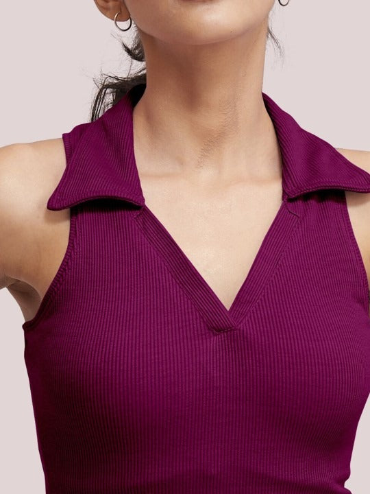 Magenta V-Collar Ribbed Crop Top