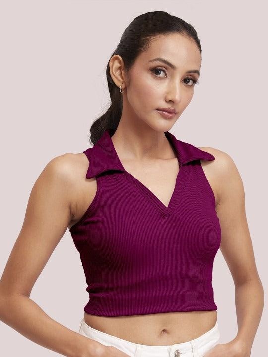 Magenta V-Collar Ribbed Crop Top