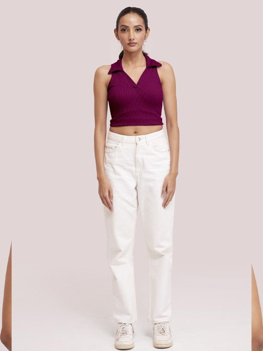 Magenta V-Collar Ribbed Crop Top